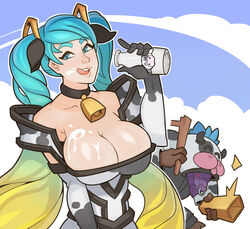 alistar bell blue_eyes blue_hair cleavage collar cowbell elbow_gloves female human large_breasts league_of_legends milk moo_cow_alistar sona_buvelle splashbrush toy_box_series twintails very_long_hair