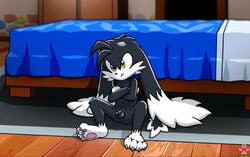 2009 angry anthro balls bed bedroom big_ears black_fur claws crossed_arms feline flaccid fur inside klonoa klonoa_(series) long_ears male male_only mammal nude pawpads paws penis sitting solo toe_claws twotails white_fur yellow_eyes young