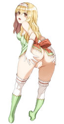 anus ass bar_censor blonde_hair blush boots bottomless censored character_request clothing elbow_gloves female gloves green_footwear hairband knee_boots long_hair looking_at_viewer mokke no_panties open_mouth shining_(series) shining_blade simple_background solo spread_ass stockings thighhighs white_background white_gloves white_legwear