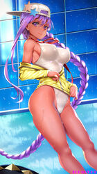 1girls backwards_hat bangs baseball_cap bb_(fate) bb_(swimsuit_mooncancer) braid breasts covered_nipples eyebrows_visible_through_hair fate/grand_order fate_(series) female_only hair_between_eyes hair_ornament hat highleg highleg_swimsuit impossible_clothes impossible_swimsuit large_breasts lips long_hair looking_at_viewer nipple_bulge one-piece_swimsuit out_of_frame puffy_nipples purple_eyes purple_hair shiny shiny_clothes shiny_hair shiny_skin single_braid solo standing star star_hair_ornament swimsuit tan tongue tongue_out very_long_hair viola_(seed) wet wet_clothes wet_swimsuit white_swimsuit