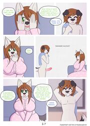 anthro audrey_(woofyrainshadow) awkward balls black_ears black_nose blue_eyes blush brown_hair canine casual_nudity closed_eyes clothed clothing comic dialogue embarrassed english_text erection female fur furaffinity_username hair husky male mammal mother mother_and_son multicolored_tail nervous nude open_mouth page_17 pajamas parent penis penis_awe pink_penis slightly_chubby smile sofa son speech_bubble text tongue towel white_fur woofy_(woofyrainshadow) woofyrainshadow