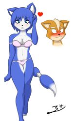 2017 anthro barefoot black_nose blue_fur blue_hair blush bra brown_fur canine clothing duo female fox fox_mccloud fur green_eyes hair heart hi_res krystal male mammal markings navel nintendo panties rain-fox short_hair signature star_fox tailband tribal_markings underwear video_games white_fur