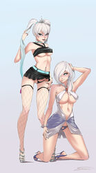 2girls bandeau breasts cleavage condom condom_belt condom_wrapper criss-cross_halter female female_only halterneck high_heels looking_at_viewer older_sister_younger_sister open_toe_shoes panties revealing_clothes rwby shonomi sisters skimpy slutty_outfit thighhighs twintails underboob weiss_schnee white_hair winter_schnee