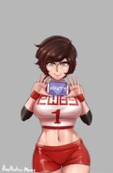 1girls abs aestheticc-meme breasts brown_hair clothing female female_only gym_uniform looking_at_viewer ruby_rose rwby silver_eyes text thigh_gap watermark
