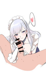 1boy 1girls apron azur_lane bangs bar_censor belfast_(azur_lane) blush breasts censored chains cleavage closed_mouth collar collarbone commentary_request erection eyebrows_visible_through_hair female frilled_apron frilled_gloves frills gloved_handjob gloves handjob heart heart-shaped_pupils highres imminent_fellatio large_breasts light-skinned_female light-skinned_male light_skin maid maid_apron maid_headdress penis purple_eyes silver_hair slept_(re_mix) smile spoken_heart spread_legs straight sweatdrop symbol-shaped_pupils white_apron white_gloves