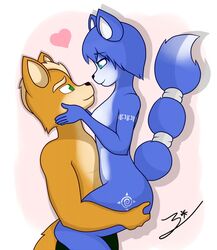 2017 anthro ass black_nose blue_fur blue_hair brown_fur butt_grab canine clothing duo female fox fox_mccloud fur green_eyes hair hand_on_butt heart hi_res hug krystal male mammal markings nintendo nude pants rain-fox short_hair signature smile star_fox tailband video_games white_fur