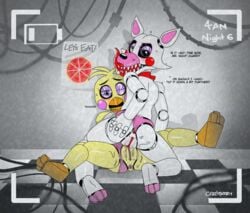 3_fingers 3_toes absurd_res animatronic anthro anus ass avian bird black_sclera blush camera canine chicken clothing couple_(disambiguation) cowgirl_position cruelpastry dialogue domination english_text feet female femdom five_nights_at_freddy's five_nights_at_freddy's_2 flat_chested food fox hi_res licking licking_lips long_tongue looking_at_viewer looking_pleasured lying machine mammal mangle_(fnaf) on_back on_top one_eye_closed panties panties_aside pizza pussy pussy_juice ribbons robot saliva sex spread_legs spreading text toes tongue tongue_out toy_chica_(fnaf) tribadism underwear underwear_aside video_games yuri