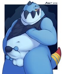 2018 anthro balls belly blush capcom clothed clothing digital_media_(artwork) dodogama erection humanoid_penis looking_at_viewer mabit male male_only monster_hunter navel nude overweight overweight_male penis smile solo standing thick_thighs video_games