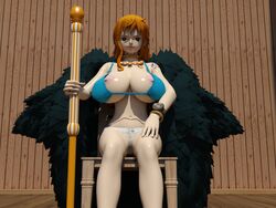 3d big_breasts bra female female_only nami novacorporation one_piece orange_hair shorts sitting