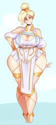 alternate_costume blonde_hair blue_eyes breasts cleavage female female_only huge_breasts looking_at_viewer mercy overwatch solo sunnysundown thick_thighs wide_hips winged_victory_mercy