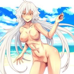 ass_visible_through_thighs bangs blue_sky blush breasts cloud collarbone eyebrows_visible_through_hair fate/grand_order fate_(series) female hair_between_eyes innie_pussy jeanne_alter legs_apart long_hair looking_at_viewer medium_breasts nike_(0306) nipples nude open_mouth pussy silver_hair sky solo standing uncensored water yellow_eyes