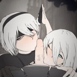 1boy 2d 2d_animation 2girls animated collaborative_fellatio erection fellatio female foreskin heart-shaped_pupils looking_at_viewer male male_pov multiple_girls nier nier:_automata oral penis pov precum straight teamwork tvcomrade123 uncircumcised uncut yorha_2b yorha_9s yorha_a2