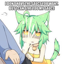 1boy absurdres ahoge animal_ear_fluff animal_ears bangs bare_shoulders bell black_pants blue_shirt breasts cat_ears cat_girl cat_tail cleavage collarbone comedy commentary_request cum english eyebrows_visible_through_hair facial female funny green_hair greenteaneko greenteaneko-chan hair_between_eyes highres humor jingle_bell long_hair long_sleeves meme orange_eyes original out_of_frame pants parted_lips shaded_face shirt simple_background small_breasts solo_focus tail tail_bell tail_raised white_background yellow_camisole