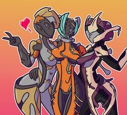 3girls anarchygentleman ember_(warframe) gesture khora_(warframe) multiple_girls pussy robot_girl v valkyr_(warframe) warframe