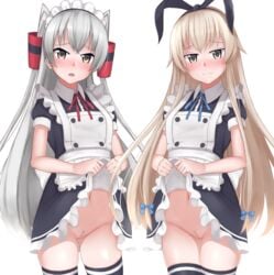 2girls alternate_costume amatsukaze_(kantai_collection) blonde_hair blush bunny_ears embarrassed hair_ornament kantai_collection long_hair looking_at_viewer maid multiple_girls pubic_hair pussy ribbon shimakaze_(kantai_collection) silver_hair skirt_lift thick_thighs thighhighs tiemu_(man190)