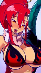 1girls after_deepthroat after_fellatio bikini_top blush breasts cleavage deepthroat dildo elbow_gloves female gloves hair_ornament huge_dildo ian_chase large_breasts oral ponytail red_hair saliva saliva_trail scarf self_shot sidelocks single_elbow_glove skull_hair_ornament solo tears tengen_toppa_gurren_lagann throat_training tied_hair underboob yoko_littner