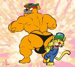 2018 abstract_background animated anthro ass balls bara blush bobthetanuki bulge canine clothed clothing dribble_(warioware) duo fangs feline gay male mammal mario_(series) muscular muscular_male penis_outline simple_background size_difference smile spitz spitz_(warioware) thong topless twerking warioware yaoi