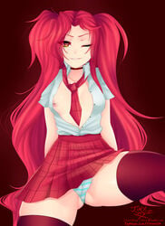 1girls areolae breasts breasts_out female female_only jinx-wuz-here jinx_(league_of_legends) league_of_legends looking_at_viewer nipple_piercing nipples one_breast_out panties piercing red_hair school_uniform skirt solo spread_legs star_guardian_jinx star_guardian_series stockings upskirt wardrobe_malfunction