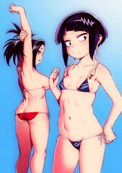 2girls abs armpit armpits arms_above_head arms_up ass ass_cleavage bangs bare_back bikini black_hair blue_background blue_bikini blunt_bangs blush breasts butt_crack cowboy_shot earplugs female female_only half-closed_eyes highres hijiri_rei kyoka_jiro large_breasts long_hair looking_at_viewer lowleg lowleg_bikini micro_bikini momo_yaoyorozu multiple_girls my_hero_academia navel open_mouth purple_hair red_bikini short_hair side-tie_bikini sideboob simple_background small_breasts standing stomach stretch string_bikini swimsuit thick tied_hair toned