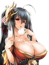 1girls ahoge akatsuki_akane azur_lane bangs bare_shoulders black_hair blush breasts cleavage clothes_tug collarbone cum cum_on_body cum_on_breasts cum_on_upper_body eyebrows_visible_through_hair facial female finger_licking hair_between_eyes hair_ornament hair_ribbon highres huge_breasts japanese_clothes large_breasts licking light-skinned_female light_skin long_hair looking_at_viewer obi off_shoulder open_mouth red_eyes ribbon sakura_empire_(azur_lane) sash sidelocks signature simple_background skindentation smile solo sweat taihou_(azur_lane) twintails upper_body very_long_hair white_background