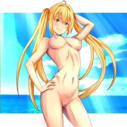 ahoge arm_up blonde_hair blue_sky blush breasts eyebrows_visible_through_hair fate/grand_order fate_(series) female hand_on_hip innie_pussy large_breasts legs_apart long_hair nero_claudius_(fate) nike_(0306) nipples nude pussy sky smile solo standing twintails uncensored