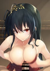 1boy 1girls ahoge amekosame azur_lane bar_censor black_hair black_ribbon breasts censored commentary_request female hair_ribbon indoors large_breasts long_hair looking_at_viewer motion_blur nipples paizuri penis red_eyes ribbon saliva solo_focus taihou_(azur_lane) taihou_(forbidden_feast)_(azur_lane)