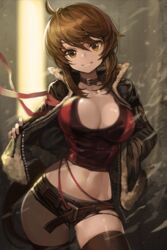 ahoge animated bangs belt black_legwear breasts brown_eyes brown_hair choker female fur_trim goomrrat_(グムラット) grin hair_between_eyes hand_in_pocket hybrid_animation jacket large_breasts long_hair looking_at_viewer no_bra open_clothes open_jacket original original_character parted_lips shaking_breasts short_hair short_hair_with_long_locks short_shorts shorts sidelocks smile solo stroke_(animator) tank_top thighhighs thighs third-party_edit zettai_ryouiki