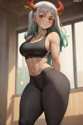 1girls ai_generated amiral_ai breasts female female_only gym_uniform horns large_breasts long_hair one_piece red_eyes slim_waist sports_bra sportswear thick_thighs tight_clothing white_hair yamato_(one_piece) yoga_pants