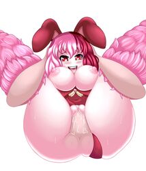 1boy ahe_gao animal_ears areolae blush breasts bunny_ears bunny_girl bunnysuit clitoris clothed_sex drooling ecstasy_(icyblue) female full_nelson happy_sex hare_humanoid heart heart-shaped_pupils large_breasts march_hare_(monster_girl_encyclopedia) monster_girl monster_girl_encyclopedia multicolored_hair nipples open_mouth penis pink_hair pussy pussy_juice red_eyes red_hair sex smile sweat thick_thighs thighs tongue tongue_out two-tone_hair vaginal_penetration wide_hips