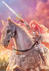 1girls armor armored_dress armpits bangs black_gloves breastplate breasts cape cloud equine fantasy female feral fingerless_gloves fingernails frills gloves greaves highres holding holding_sword holding_weapon horse horseback_riding human jdori knight lace lace-trimmed_thighhighs lace_trim light_smile lips lipstick long_hair makeup medium_breasts multiple_boys official_art outdoors outstretched_arm pale_skin pink_eyes pink_hair pink_lipstick reins riding saddle sky sleeveless solo_focus sunlight sunrise sunset sword tamsig-ui_jaelim thighhighs vambraces very_long_hair watermark weapon white_legwear