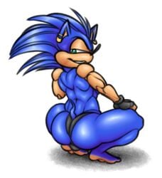 anthro ass balls clothing ear_piercing eccentricspider green_eyes hedgehog looking_back male male_only mammal muscular piercing simple_background solo sonic_(series) sonic_the_hedgehog underwear video_games white_background