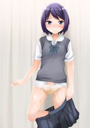 bangs black_skirt blue_eyes blue_neckwear blush bow bowtie closed_mouth curtains embarrassed female flat_chest gokiburi_no_dashi grey_vest half-closed_eyes highres holding leg_lift nose_blush original panties pee peed_self pissing pleated_skirt polka_dot polka_dot_panties purple_hair pussy school_uniform see-through shiny shiny_hair shirt short_hair short_sleeves simple_background skirt skirt_pull solo standing standing_on_one_leg sweat tears underwear undressing vest wet wet_clothes white_background white_panties white_shirt