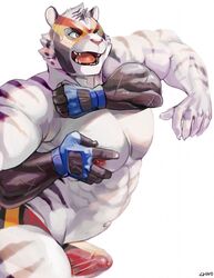 2018 abs anthro biceps clothed clothing digital_media_(artwork) duo erection erection_under_clothes feline fur gay grope kalchivo male male_only mammal mask muscular muscular_male nipples open_mouth pecs penis sex solo_focus teeth tiger topless wrestler wrestling yaoi