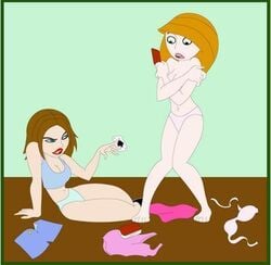 2girls bonnie_rockwaller bra covering_breasts defeated disney embarrassed ethica female female_only human kim_possible kimberly_ann_possible lost_bet medium_breasts multiple_females panties straight_hair strip_poker