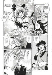 2002 bad_translation cat_ears cat_girl clothing comic dress english_text female hard_translated ichigo_momomiya japanese_text kish licking_lips manabe_jouji mew_ichigo monochrome pointy_ears tail tokyo_mew_mew translation_request wink