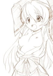 07th_expansion breasts hanyuu higurashi_no_naku_koro_ni japanese_clothes miko monochrome nipples no_bra open_clothes open_shirt pointy_chin sawatari_jinshi shirt sketch traditional_media