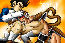 2boys anal_fingering balls boner bottomless closed_eyes cum_in_mouth cum_while_penetrated dragon_ball dragon_ball_z erection face_fucking finger_fuck forced_fellatio gay gloves holding_head large_penis male male_only mouthful nappa on_side oral oral_sex orgasm_face scouter shounen_jump squatting straight_hair tail the_savant throat_fuck tinted_eyewear vegeta veiny_penis yaoi