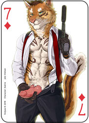 2018 abs anthro athletic brown_hair canine card clothed clothing digital_media_(artwork) erection feline fonyaa fur gloves green_eyes gun hair handgun hi_res holding_object holding_weapon hybrid knot male male_only mammal markings necktie pecs penis playing_card pointy_ears ranged_weapon simple_background solo standing stripes sverre_(tigerlover1) text tiger watch weapon wolf