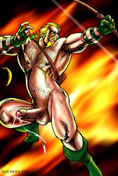 1boy 2005 bara boots cum dc_comics dchooi facial_hair gloves green_arrow green_arrow_(series) hairy human male male_only muscles muscular nude penis solo testicles