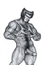 1boy balls ballsack bara beard_stubble body_hair bottomless erection facial_hair hairy_chest hairy_male human james_howlett kamui_jack logan_(x-men) male male_nipples male_only male_pubic_hair manly marvel marvel_comics mature_male monochrome mostly_nude_male muscle muscles mutton_chops penis scrotum sideburns solo tank_top testicles veiny_penis wolverine_(x-men) x-men yaoi