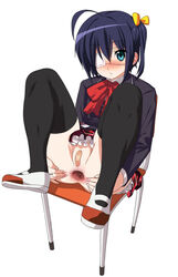 ahoge anus bandaid bandaid_on_pussy black_hair black_legwear blue_eyes bow chair chuunibyou_demo_koi_ga_shitai! eye_patch female gape gaping hairbow high_resolution legs looking_at_viewer mary_janes no_panties oshiruko_(shiruko) school_uniform shoes short_hair side_ponytail simple_background sitting solo spread_anus takanashi_rikka thighhighs uwabaki white_background