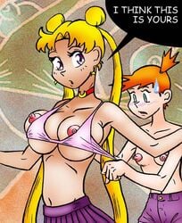 2girls bishoujo_senshi_sailor_moon blush bra breasts clothing crossover english_text female female_only flat_chest human human_only kasumi_(pokemon) large_breasts misty_(pokemon) multiple_girls nintendo nipples pokemon sailor_moon shorts sirkowski skirt speech_bubble text usagi_tsukino