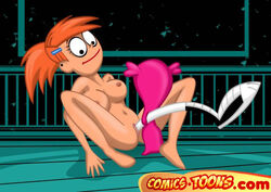 1boy 2girls bangs berry_(fhfif) big_breasts breasts cartoon_network completely_nude_female creature earrings eyelashes female foster's_home_for_imaginary_friends frankie_foster high_ponytail human looking_down male medium_breasts multiple_females nude orange_hair pussy sitting smile spread_legs spreading unbirthing uncensored vore wilt yuri