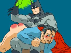 2boys animated artist_request ass ass_slap bara batman batman_(series) black_hair blue_background blue_eyes blush bottomless bruce_wayne cape clark_kent cowl dc dc_comics gay gif gloves kryptonite lying_across_lap male male_only multiple_boys no_visible_genitalia pants_down spanking superhero superhero_costume superman superman_(series) tagme yaoi