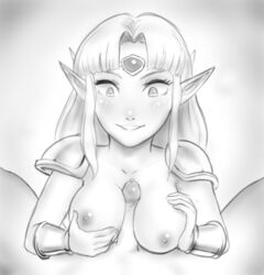 1boy a_link_between_worlds areolae blush breasts collarbone female gradient_background male monochrome nintendo nipples paizuri penis pointy_ears pov princess_zelda righteoustea straight the_legend_of_zelda tiara uncensored zelda_(a_link_between_worlds)