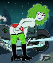 ass bending_over danny_phantom darkdp fishnets ghost green_hair kitty_(danny_phantom) looking_at_viewer looking_back motorcycle pussy straight_hair topless