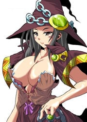 black_hair breasts buta cleavage clothing doctor_magus erect_nipples etrian_odyssey hat huge_breasts large_breasts sekaiju_no_meikyuu war_magus witch_hat