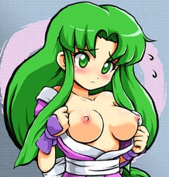 1girls blush breasts ganbare_goemon green_eyes green_hair japanese_clothes konpeto kunoichi light-skinned_female light_skin long_hair mystical_ninja ninja nipples open_clothes open_shirt shirt solo yae_(ganbare_goemon)