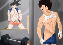 2boys boner dragon_ball dragon_ball_z erection gay gym heyohwhoa male male_only masturbation naughty_face shirt_pulled_behind_neck son_goku straight_hair vegeta voyeur watching_masturbation yaoi