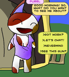 animal_crossing anthro anthrofied areola_slip areolae dialogue_box dialogue_options english_text eyes_closed feline female happy loose_shirt nintendo open_mouth purrl_(animal_crossing) pussy smile solo spotted_fur straight_hair text_box